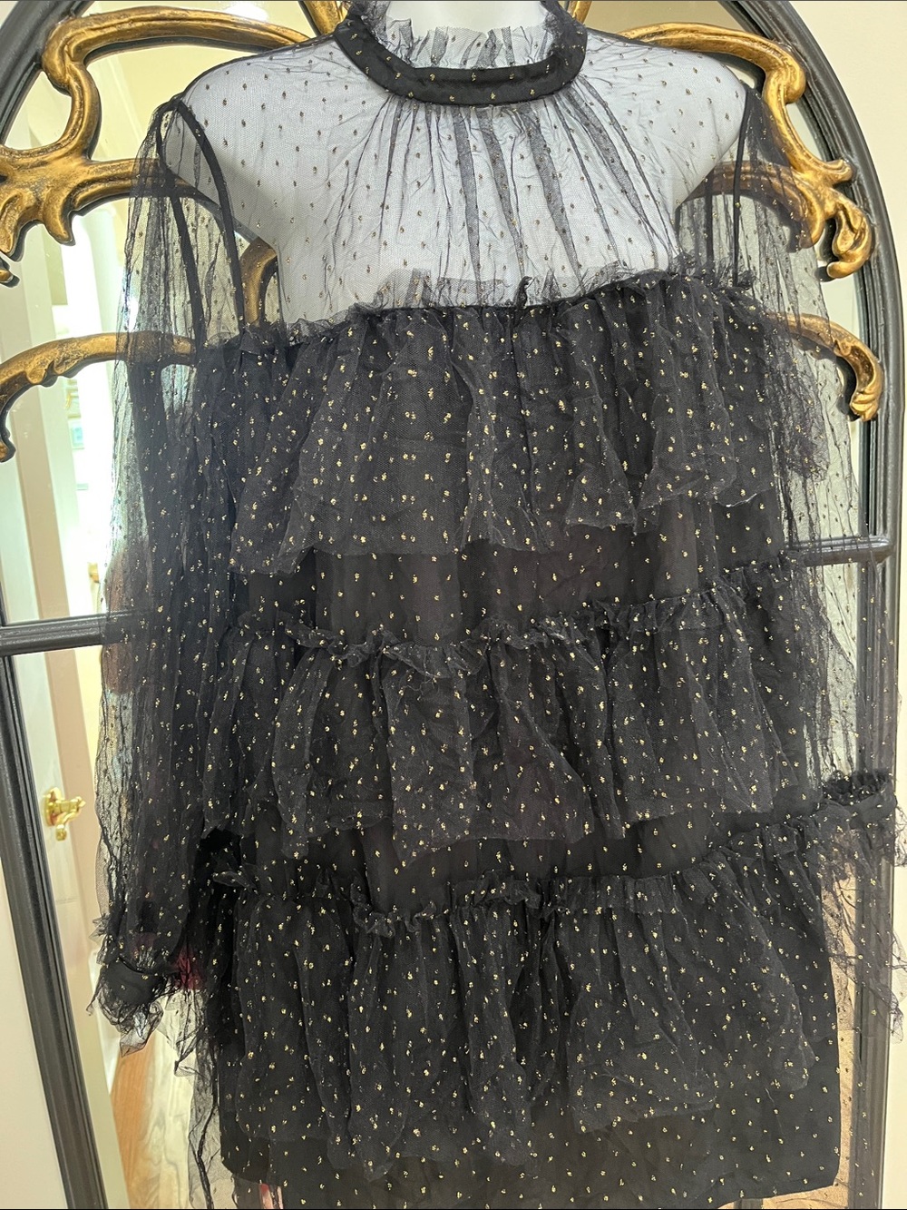 Adam Lippes Black Tiered Mini Dress with Gold Dot Accents